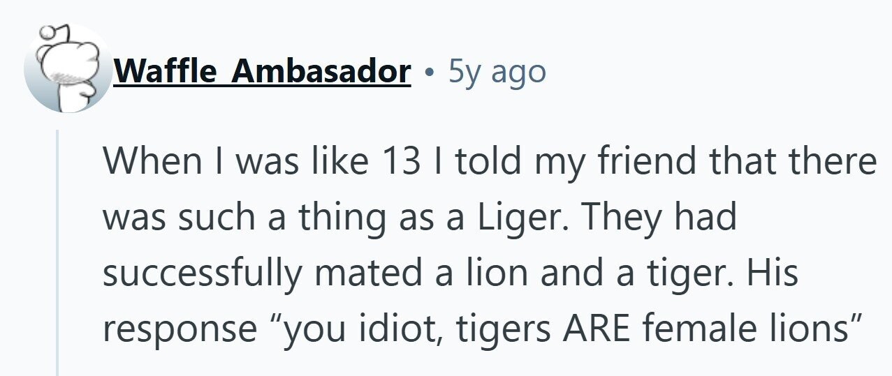 Waffle Ambasador 5y ago When | was like 13 I told my friend that there was such a thing as a Liger. They had successfully mated a lion and a tiger. His response you idiot, tigers ARE female lions 