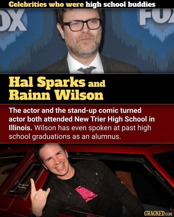 Celebrities who were high school buddies FO OX Hal Sparks and Rainn Wilson The actor and the stand-up comic turned actor both attended New Trier High School in Illinois. Wilson has even spoken at past high school graduations as an alumnus. F CRACKED.COM