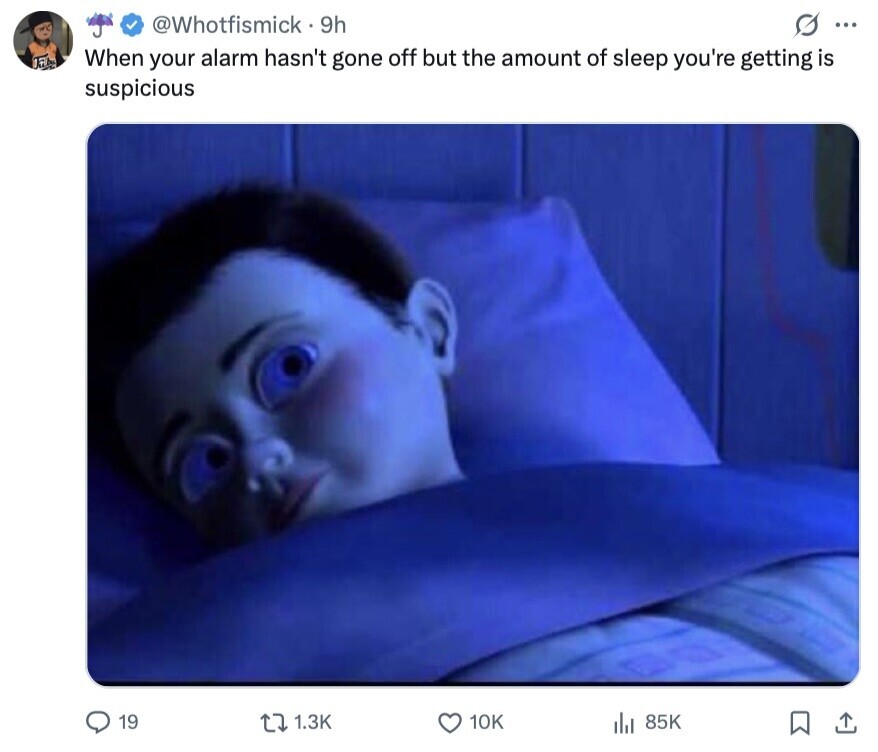 @Whotfismick 9h s ... When your alarm hasn't gone off but the amount of sleep you're getting is suspicious 19 1.3K 10K 85K 