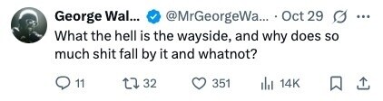 George Wal... @MrGeorgeWa... Oct 29 ... What the hell is the wayside, and why does so much shit fall by it and whatnot? 11 32 351 14K 