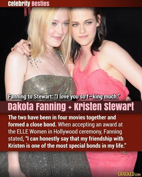 celebrity Besties Fanning to Stewart: I love you so f-king much. Dakota Fanning + Kristen stewart The two have been in four movies together and formed a close bond. When accepting an award at the ELLE Women in Hollywood ceremony, Fanning stated, I can honestly say that my friendship with Kristen is one of the most special bonds in my life. CRACKED.COM