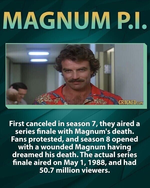 MAGNUM P.I. CRACKED COM First canceled in season 7, they aired a series finale with Magnum's death. Fans protested, and season 8 opened with a wounded Magnum having dreamed his death. The actual series finale aired on May 1, 1988, and had 50.7 million viewers.