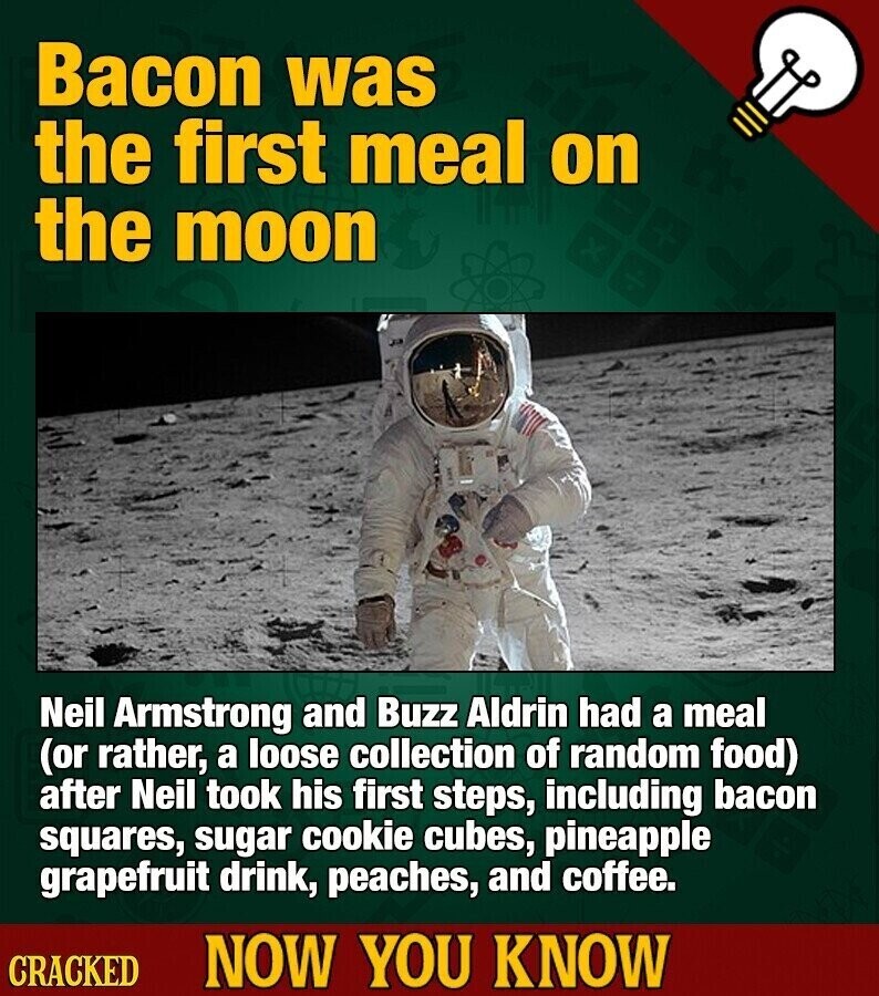 Bacon was the first meal on the moon Neil Armstrong and Buzz Aldrin had a meal (or rather, a loose collection of random food) after Neil took his first steps, including bacon squares, sugar cookie cubes, pineapple grapefruit drink, peaches, and coffee. CRACKED NOW YOU KNOW