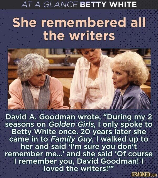 AT A GLANCE BETTY WHITE She remembered all the writers David А. Goodman wrote, During my 2 seasons on Golden Girls, I only spoke to Betty White once. 20 years later she came in to Family Guy, I walked up to her and said 'I'm sure you don't remember me...' and she said 'Of course I remember you, David Goodman! I loved the writers! CRACKED.COM