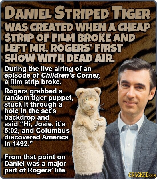 DANIEL STRIPED TIGER WAS CREATED WHEN A CHEAP STRIP OF FILM BROKE AND LEFT MR. ROGERS' FIRST SHOW WITH DEAD AIR. During the live airing of an episode of Children's Corner, a film strip broke. Rogers grabbed a random tiger puppet, stuck it through a hole in the set's backdrop and said Hi, Josie, it's 5:02, and Columbus discovered America in 1492. From that point on Daniel was a major part of Rogers' life. CRACKED COM