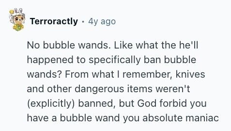 Terroractly . 4y ago No bubble wands. Like what the he'll happened to specifically ban bubble wands? From what I remember, knives and other dangerous items weren't (explicitly) banned, but God forbid you have a bubble wand you absolute maniac 