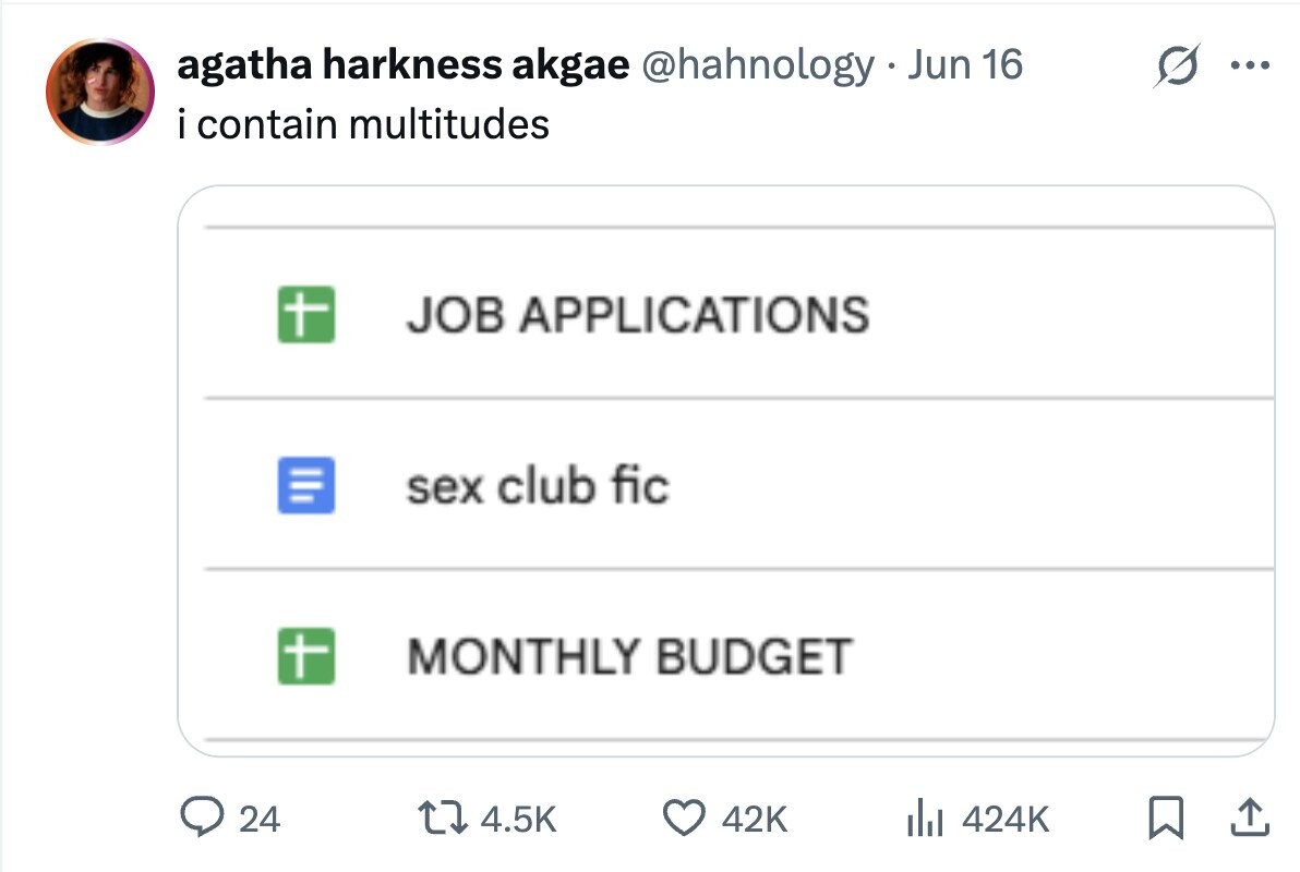 agatha harkness akgae @hahnology Jun 16 ... i contain multitudes + JOB APPLICATIONS sex club fic + MONTHLY BUDGET 24 4.5K 42K del 424K