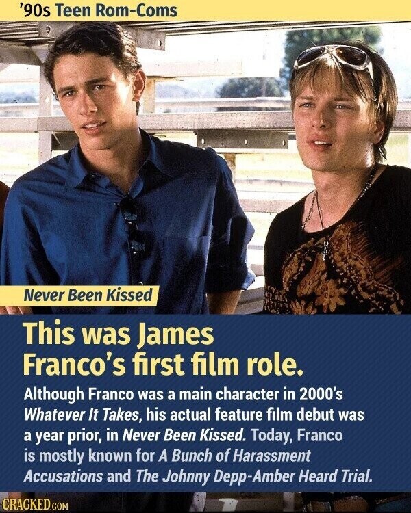 '90s Teen Rom-Coms Never Been Kissed This was James Franco's first film role. Although Franco was a main character in 2000's Whatever It Takes, his actual feature film debut was a year prior, in Never Been Kissed. Today, Franco is mostly known for A Bunch of Harassment Accusations and The Johnny Depp-Amber Heard Trial. CRACKED.COM