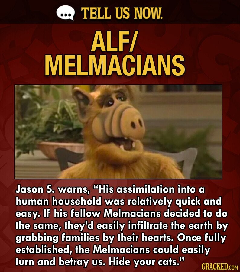 ... TELL US NOW. ALF/ MELMACIANS Jason S. warns, His assimilation into a human household was relatively quick and easy. If his fellow Melmacians decided to do the same, they'd easily infiltrate the earth by grabbing families by their hearts. Once fully established, the Melmacians could easily turn and betray us. Hide your cats. CRACKED.COM