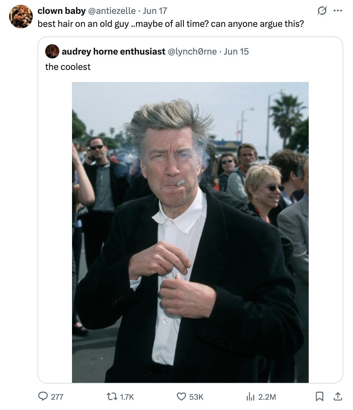 S ... clown baby @antiezelle Jun 17 best hair on an old guy ..maybe of all time? can anyone argue this? audrey horne enthusiast @lynch0rne. Jun 15 the coolest 277 1.7K 53K del 2.2M