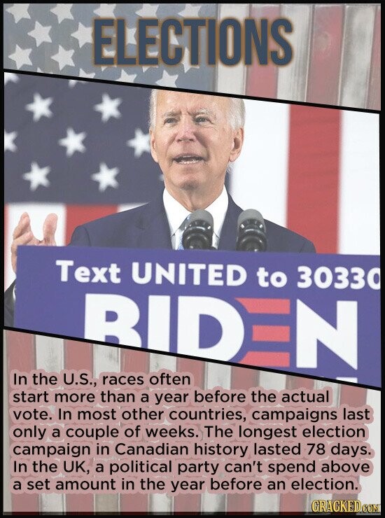 ELECTIONS Text UNITED RIDIN to 30330 In the U.S., races often start more than a year before the actual vote. In most other countries, campaigns last O
