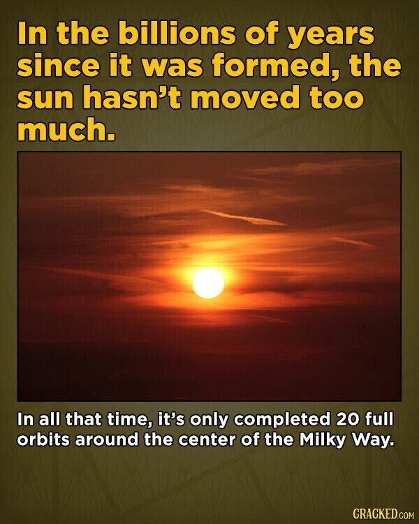 In the billions of years since it was formed, the sun hasn't moved too much. In all that time, it's only completed 20 full orbits around the center of the Milky Way. CRACKED.COM