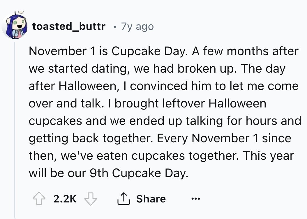 toasted_buttr 7y ago November 1 is Cupcake Day. A few months after we started dating, we had broken up. The day after Halloween, I convinced him to let me come over and talk. I brought leftover Halloween cupcakes and we ended up talking for hours and getting back together. Every November 1 since then, we've eaten cupcakes together. This year will be our 9th Cupcake Day. 2.2K Share ...