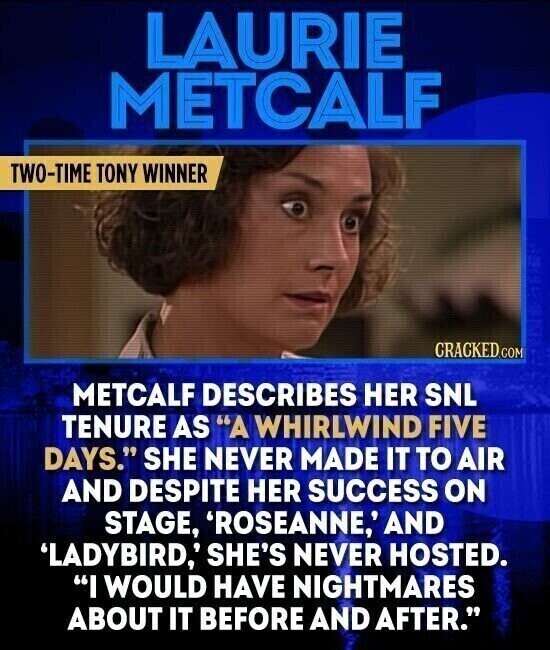 LAURIE METCALF TWO-TIME TONY WINNER CRACKED.COM METCALF DESCRIBES HER SNL TENURE AS A WHIRLWIND FIVE DAYS. SHE NEVER MADE IT TO AIR AND DESPITE HER SUCCESS ON STAGE, 'ROSEANNE, AND 'LADYBIRD,' SHE'S NEVER HOSTED. I WOULD HAVE NIGHTMARES ABOUT IT BEFORE AND AFTER.