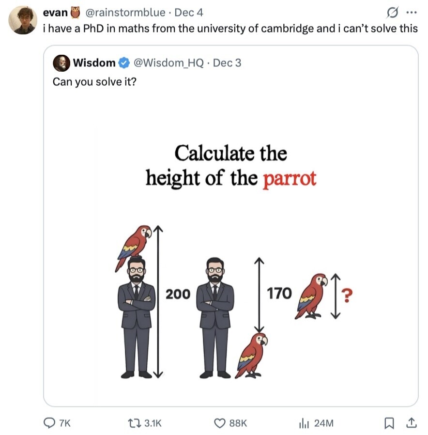 evan @rainstormblue Dec 4 S ... have a PhD in maths from the university of cambridge and i can't solve this Wisdom @Wisdom_HQ.D Dec 3 Can you solve it? Calculate the height of the parrot 170 200 ? 7K 3.1K 88K del 24M 