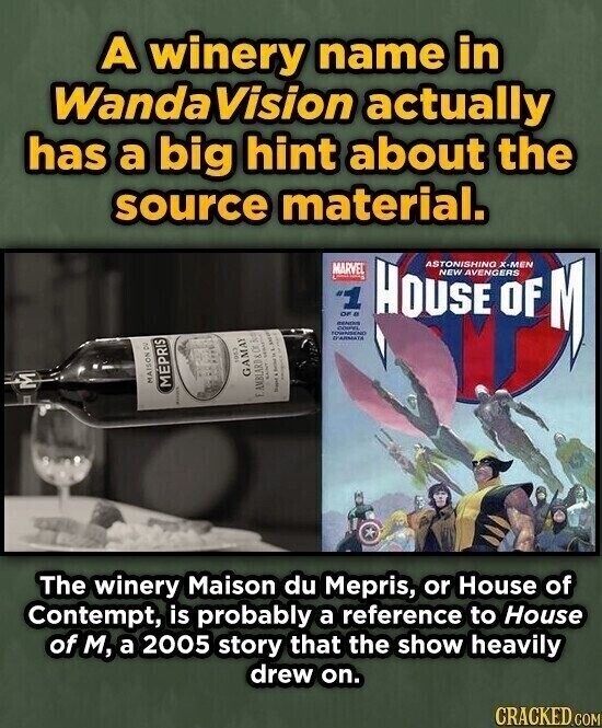 A winery name in Wanda Vision actually has a big hint about the source material. MARVEL 7 HOUSE OF ASTONISHING X-MEN - OF e OF RENDIS COUPEL FOUNDEND D'ARMATA 1953 M 2 GAMAY MÉPRIS M . I i a I I 1 SAINT - 1 AMBLARD 800 But The winery Maison du Mepris, or House of Contempt, is probably a reference to House of M, a 2005 story that the show heavily drew on. CRACKED.COM