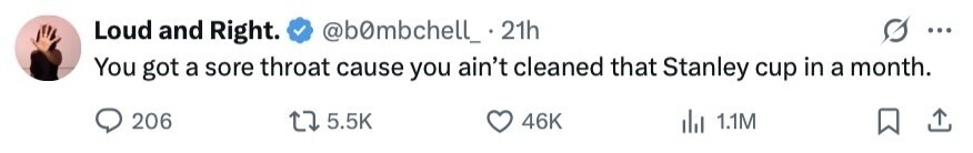 Loud and Right. @b0mbchell_.2 21h ... You got a sore throat cause you ain't cleaned that Stanley cup in a month. 206 5.5K 46K 1.1M 
