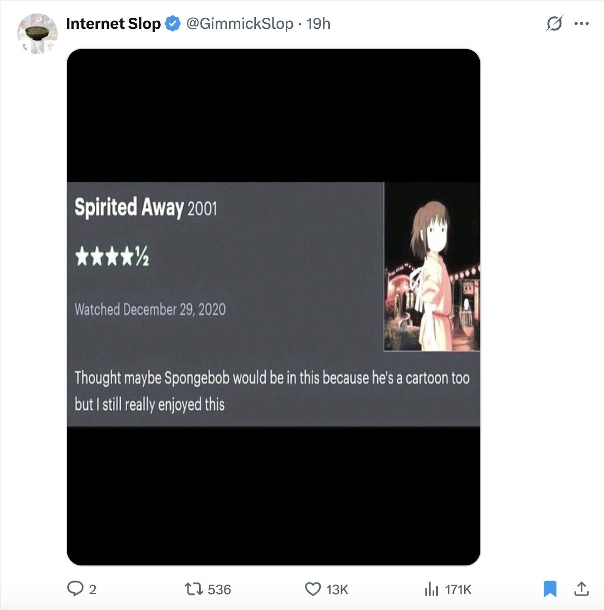 G ... Internet Slop @GimmickSlop . 19h Spirited Away 2001 1/2 Watched December 29, 2020 Thought maybe Spongebob would be in this because he's a cartoon too but still really enjoyed this 2 536 13K del 171K