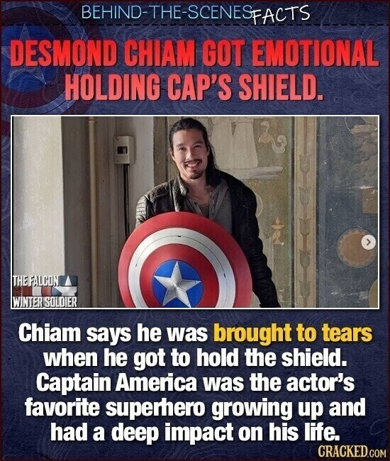 BEHIND-THE-SCENES FACTS DESMOND CHIAM GOT EMOTIONAL HOLDING CAP'S SHIELD. THEFALCON WINTER SOLDIER Chiam says he was brought to tears when he got to hold the shield. Captain America was the actor's favorite superhero growing up and had a deep impact on his life. CRACKED.COM
