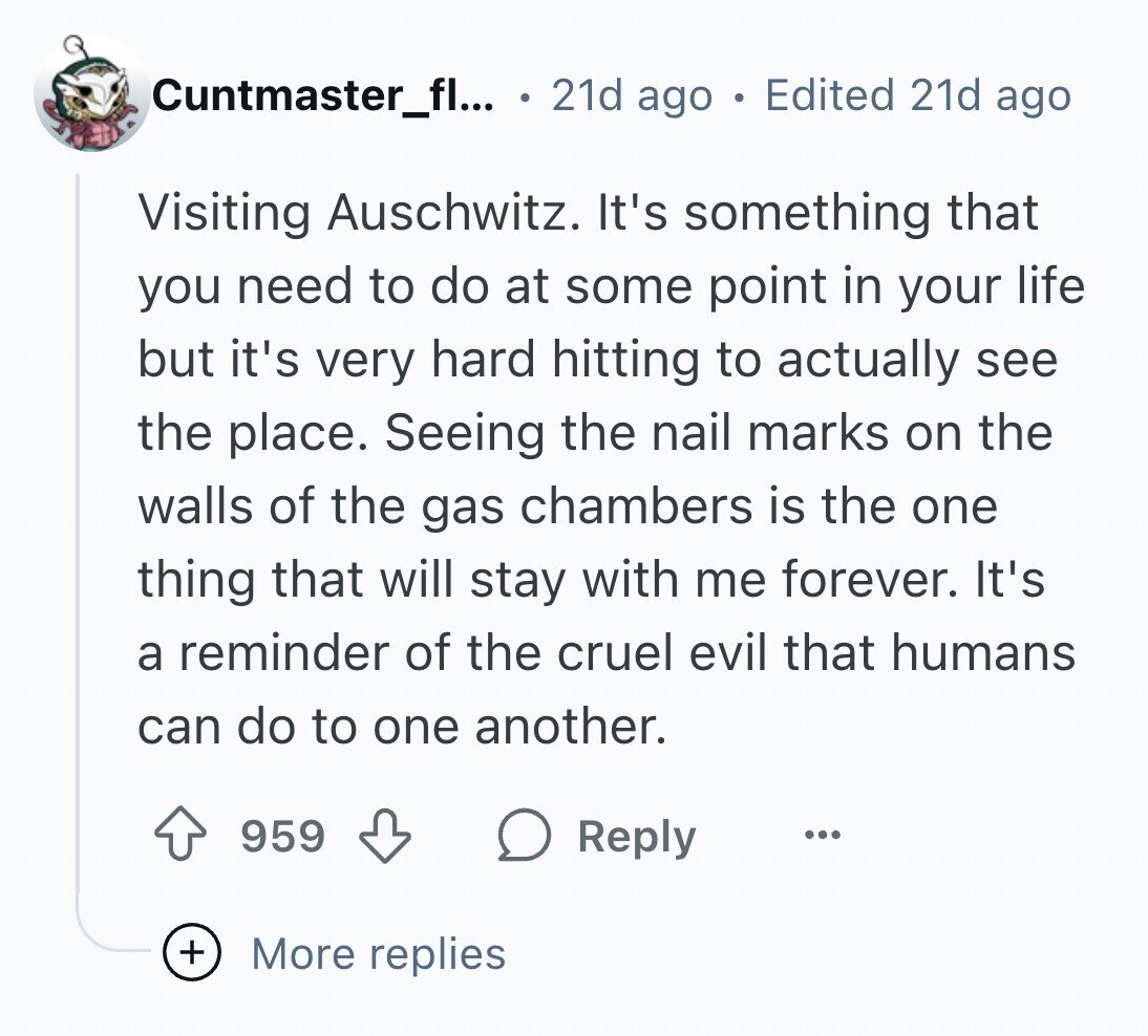 Cuntmaster_fl... 21d ago . Edited 21d ago Visiting Auschwitz. It's something that you need to do at some point in your life but it's very hard hitting to actually see the place. Seeing the nail marks on the walls of the gas chambers is the one thing that will stay with me forever. It's a reminder of the cruel evil that humans can do to one another. 959 Reply ... + More replies