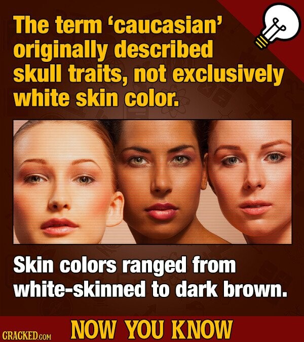 The term 'caucasian' originally described skull traits, not exclusively white skin color. Skin colors ranged from white-skinned to dark brown. NOW YOU KNOW CRACKED.COM