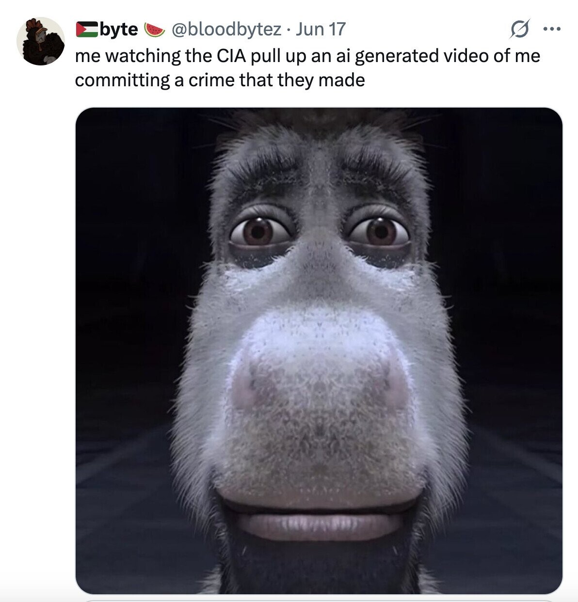 G ... byte @bloodbytez Jun 17 me watching the CIA pull up an ai generated video of me committing a crime that they made