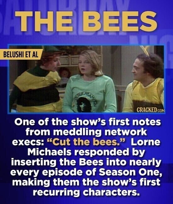 THE BEES BELUSHI ET AL INTERNATION CRACKED.COM One of the show's first notes from meddling network execs: Cut the bees. Lorne Michaels responded by inserting the Bees into nearly every episode of Season One, making them the show's first recurring characters.