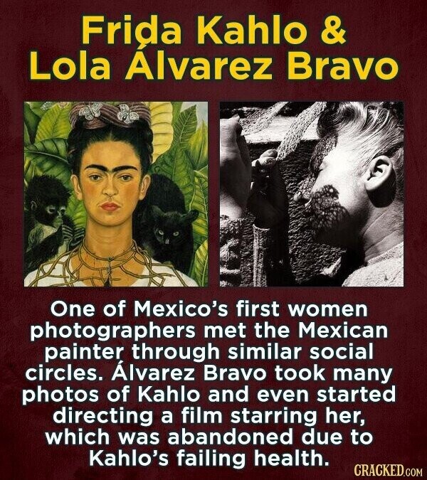 Frida Kahlo & Lola Álvarez Bravo One of Mexico's first women photographers met the Mexican painter through similar social circles. Álvarez Bravo took many photos of Kahlo and even started directing a film starring her, which was abandoned due to Kahlo's failing health. CRACKED.COM