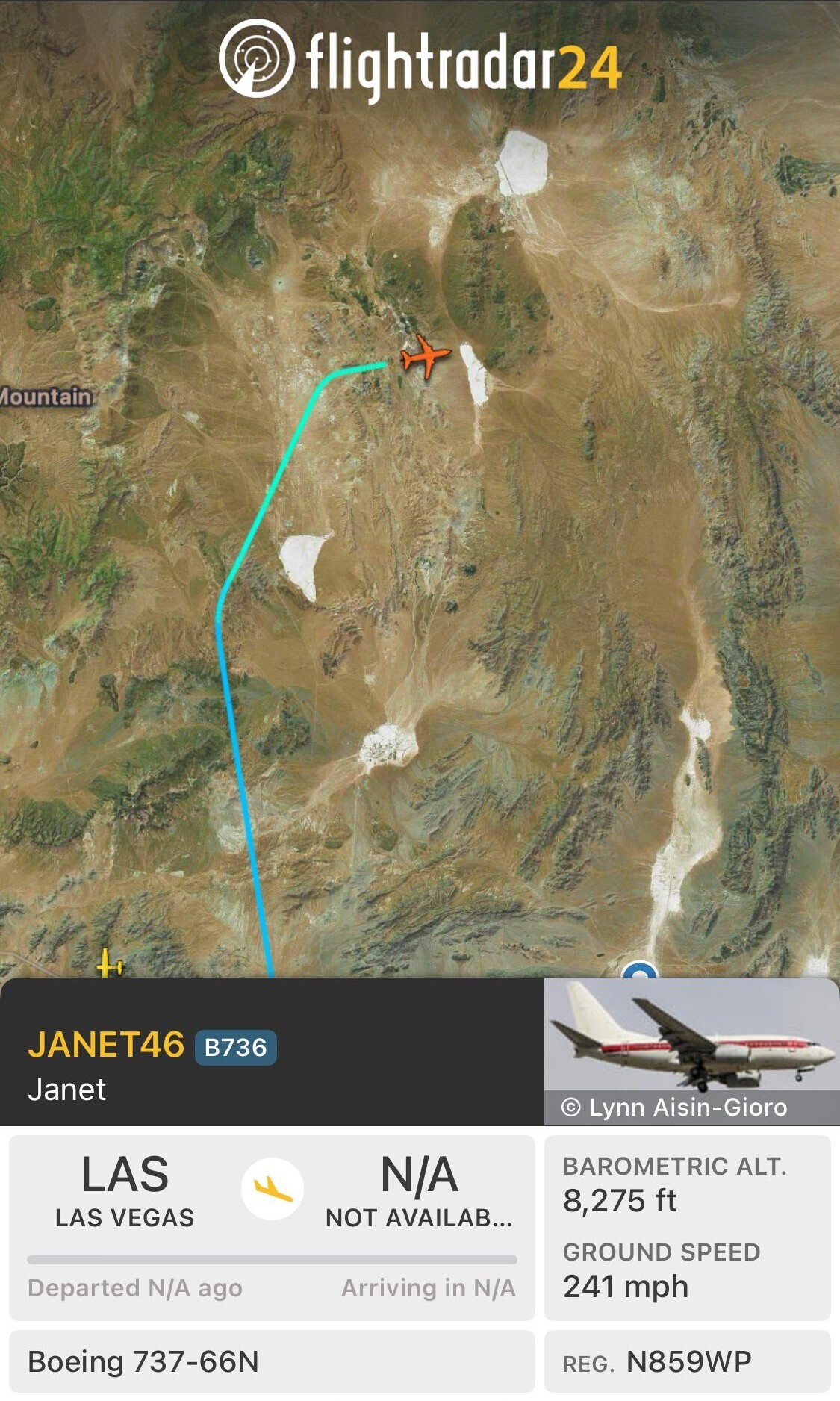 flightradar24 Mountain JANET46 B736 Janet © Lynn Aisin-Gioro LAS N/A BAROMETRIC ALT. 8,275 ft LAS VEGAS NOT AVAILAB... GROUND SPEED Departed N/A ago 241 mph Arriving in N/A Boeing 737-66N REG. N859WP 