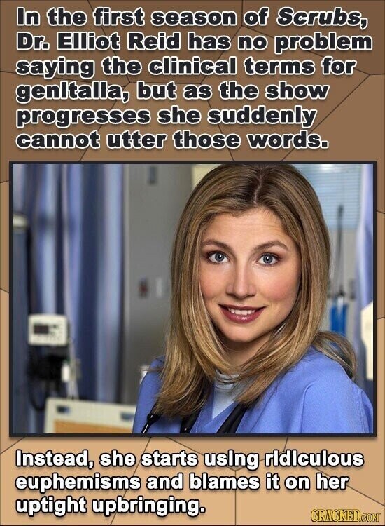 In the first season of Scrubs, Dr. Elliot Reid has no problem saying the clinical terms for genitalia, but as the show progresses she suddenly cannot utter those words. Instead, she starts using ridiculous euphemisms and blames it on her uptight upbringing. CRACKED.COM