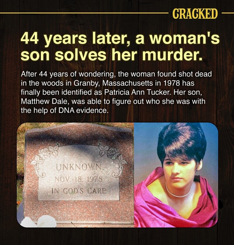 CRACKED 44 years later, a woman's son solves her murder. After 44 years of wondering, the woman found shot dead in the woods in Granby, Massachusetts in 1978 has finally been identified as Patricia Ann Tucker. Her son, Matthew Dale, was able to figure out who she was with the help of DNA evidence. UNKNOWN NOV.18. 1978 IN GOD'S CARE