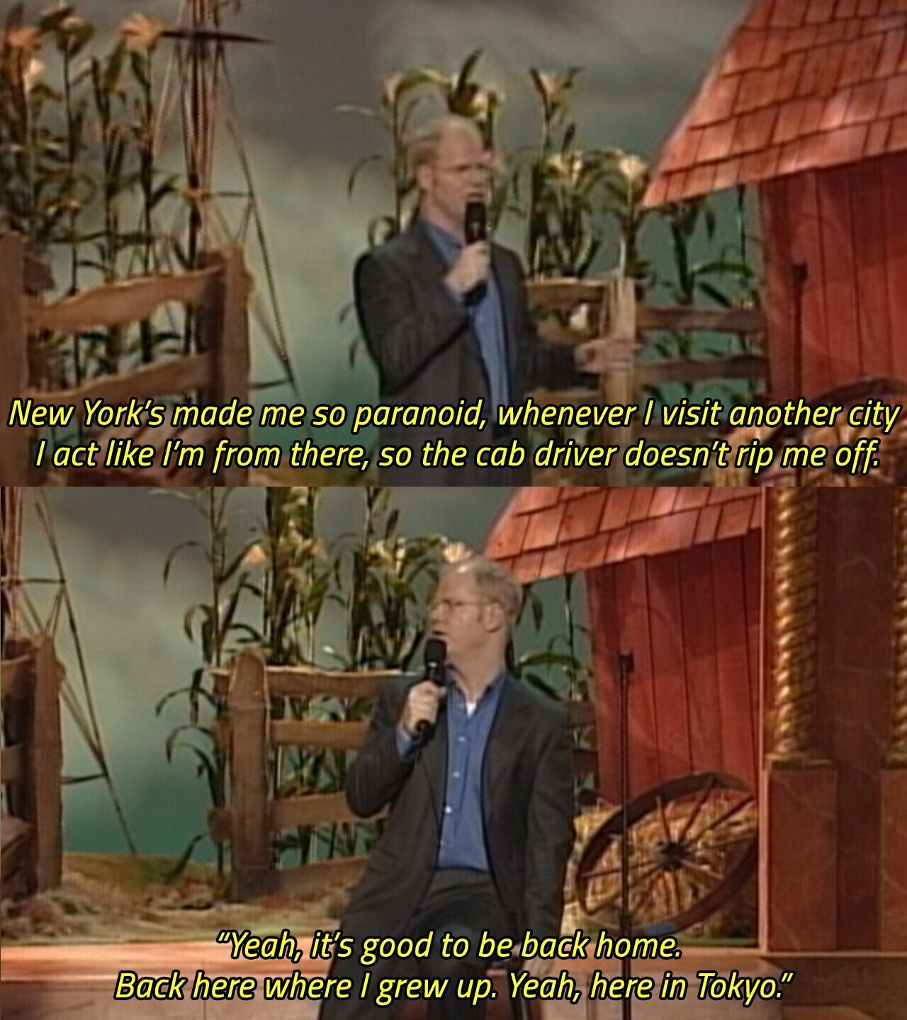 New York's made me so paranoid, whenever I visit another city I act like I'm from there, so the cab driver doesn't rip me off. Yeah, it's good to be back home. Back here where I grew up. Yeah, here in Tokyo. 