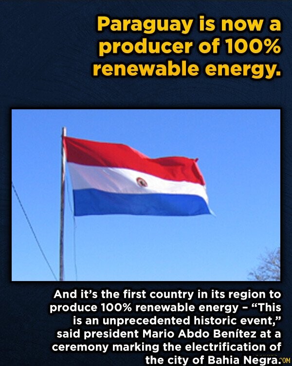 Paraguay is now a producer of 100% renewable energy. And it's the first country in its region to produce 100% renewable energy - This is an unprecedented historic event, said president Mario Abdo Benítez at a ceremony marking the electrification of the city of Bahia Negra.OM