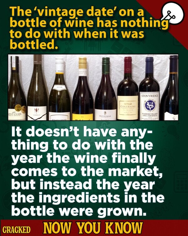 The 'vintage date' on a bottle of wine has nothing to do with when it was bottled. FUMILI 2016 STONYRIDGE COLERAINE 1-MATA - LABOR . CONVARNIA INT CLAIR WAIHEKE ISLAND FORBINE ESTATE CABERNETS FELTON ROAD - I It doesn't have any- thing to do with the year the wine finally comes to the market, but instead the year the ingredients in the bottle were grown. CRACKED NOW YOU KNOW