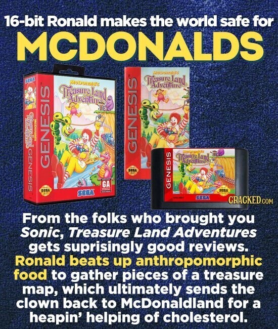 16-bit Ronald makes the world safe for MCDONALDS SEGA McDonalds Treasure Treasure Land Adventure E GENESIS McDonald's GENESIS I Adventing GENESIS SEGA FO GA SEGA THE GENESIS SEGA SEGA - SELLA CRACKED.COM From the folks who brought you Sonic, Treasure Land Adventures gets surprisingly good reviews. Ronald beats up anthropomorphic food to gather pieces of a treasure map, which ultimately sends the clown back to McDonaldland for a heapin' helping of cholesterol.