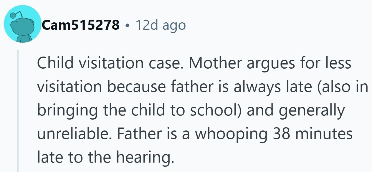 Cam515278 . 12d ago Child visitation case. Mother argues for less visitation because father is always late (also in bringing the child to school) and generally unreliable. Father is a whooping 38 minutes late to the hearing.