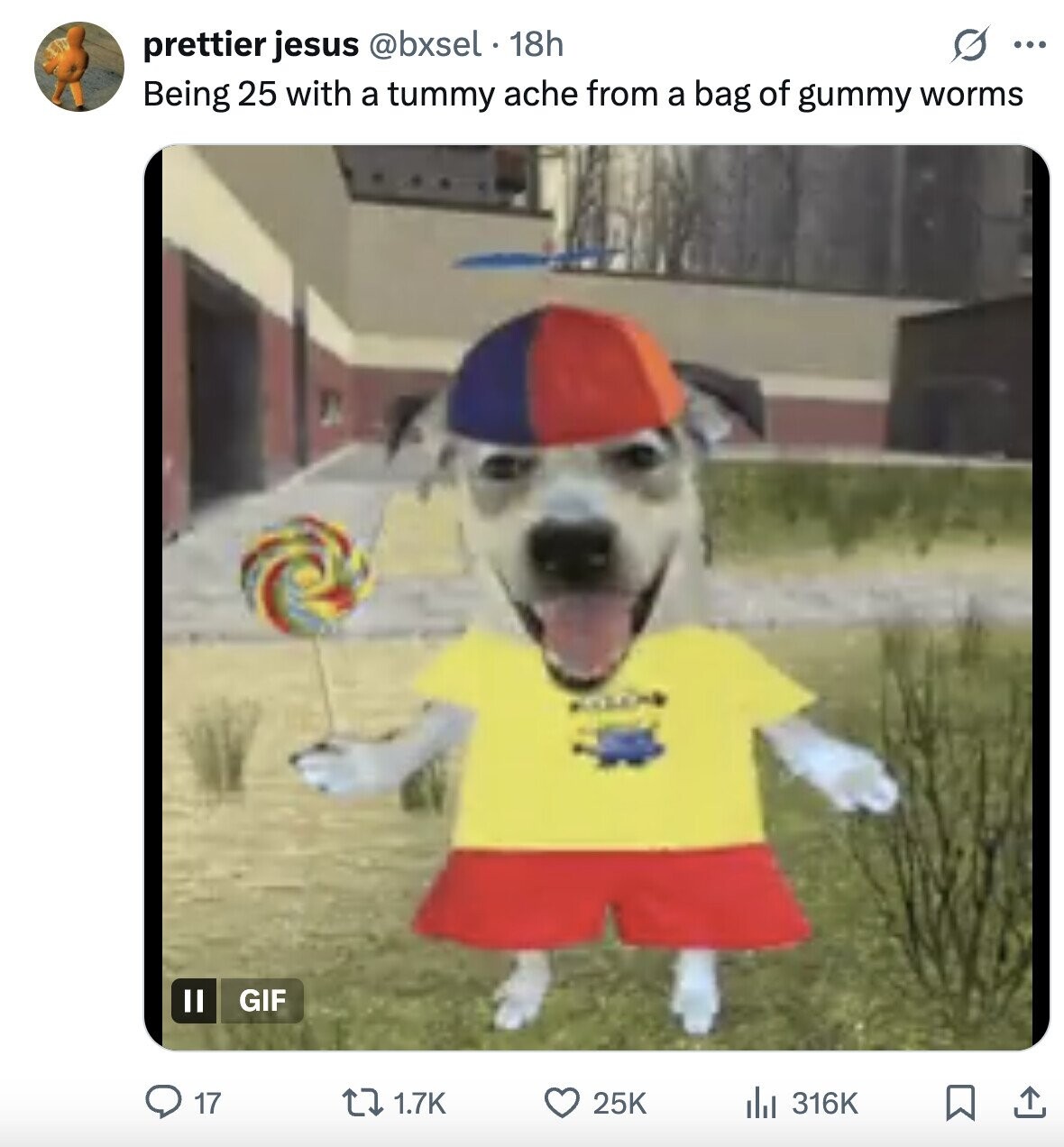 prettier jesus @bxsel 18h ... Being 25 with a tummy ache from a bag of gummy worms II GIF 17 1.7K 25K 316K