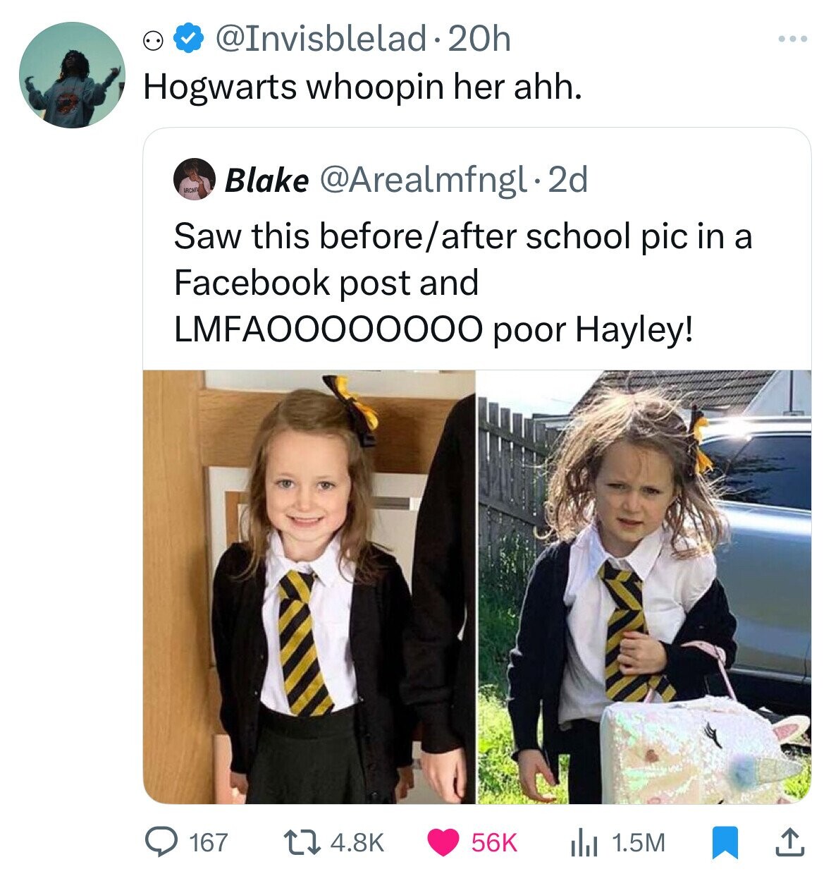 @Invisblelad 20h Hogwarts whoopin her ahh. ARCHIV Blake @Arealmfngl.2d Saw this before/after school pic in a Facebook post and LMFAO0000000 poor Hayley! 167 4.8K 56K 1.5M