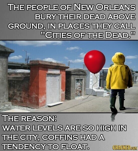 THE PEOPLE OF NEW ORLEANS BURY THEIR DEAD ABOVE GROUND, IN PLACES THEY CALL CITIES OF THE DEAD. THE REASON: WATER LEVELS ARE so HIGH IN THE CITY, COFFINS HAD A TENDENCY TO FLOAT. GRACKED.COM