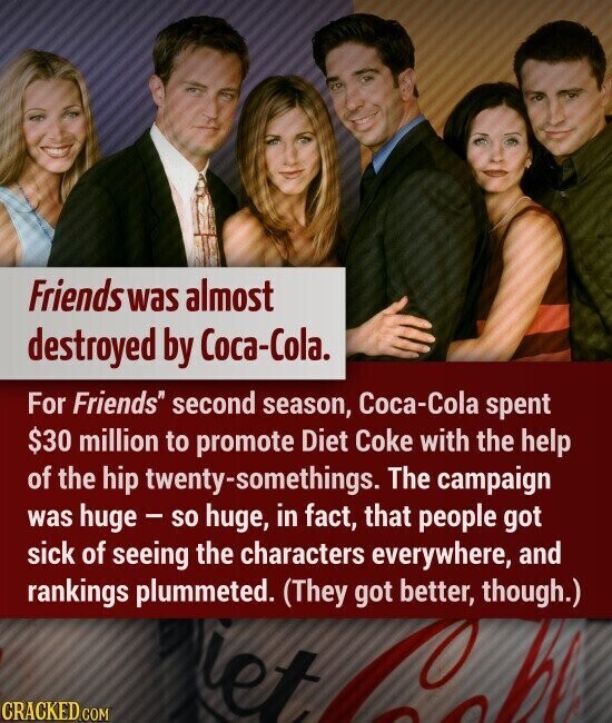 Friends was almost destroyed by Coca-Cola. For Friends second season, Соса-Соӏа spent $30 million to promote Diet Coke with the help of the hip twenty-somethings. The campaign was huge - so huge, in fact, that people got sick of seeing the characters everywhere, and rankings plummeted. (They got better, though.) et CRACKED.COM