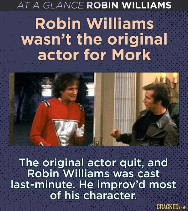 AT A GLANCE ROBIN WILLIAMS Robin Williams wasn't the original actor for Mork The original actor quit, and Robin Williams was cast last-minute. Не improv'd most of his character. CRACKED.COM