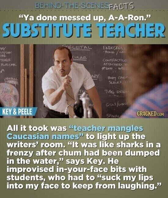BEHIND-THE-SCENES FACTS Ya done messed up, A-A-Ron. SUBSTITUTE TEACHER ELETAL ENDOSKELI NY LOPIAN -SONE/CA VEE CULAR TERUS CONTRACTILE ATTACHED T BLADDAR SONE INTER 43 ARY MATERIAL BODY COVER very SCALES a TIM TUBE EXTE GILLS LUNGS KEY & PEELE CRACKED.COM SPINAL All it took was teacher mangles Caucasian names to light up the writers' room. It was like sharks in a frenzy after chum had been dumped in the water, says Key. Не improvised in-your-face bits with students, who had to suck my lips into my face to keep from laughing.