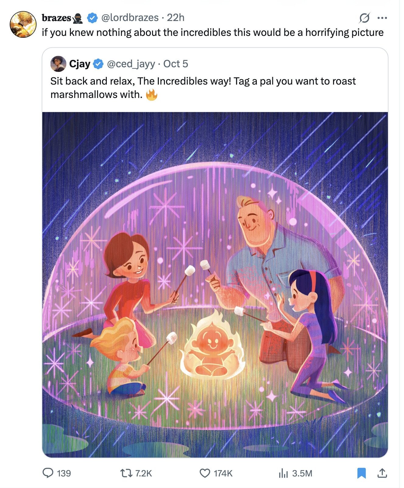brazes @lordbrazes.22h ... if you knew nothing about the incredibles this would be a horrifying picture @ced_jayy. Oct 5 Cjay Sit back and relax, The Incredibles way! Tag a pal you want to roast marshmallows with. 139 7.2K 174K del 3.5M 