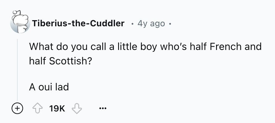 Tiberius-the-Cuddler 4y ago e What do you call a little boy who's half French and half Scottish? A oui lad + 19K ...