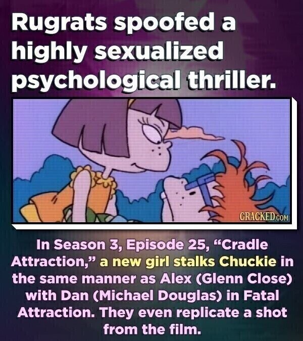 Rugrats spoofed a highly sexualized psychological thriller. CRACKED G COM In Season 3, Episode 25, Cradle Attraction, a new girl stalks Chuckie in the same manner as Alex (Glenn Close) with Dan (Michael Douglas) in Fatal Attraction. They even replicate a shot from the film.