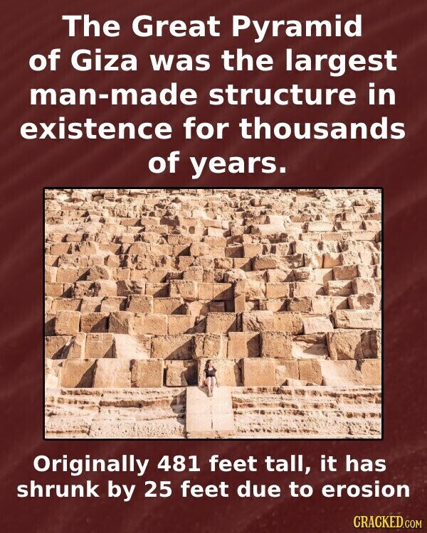 The Great Pyramid of Giza was the largest man-made structure in existence for thousands of years. Originally 481 feet tall, it has shrunk by 25 feet due to erosion CRACKED.COM