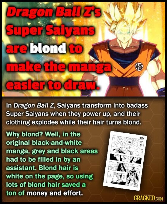 Dragon Ball Z's Super Saiyans are blond to make the manga NB easier to draw. In Dragon Ball Z, Saiyans transform into badass Super Saiyans when they power up, and their clothing explodes while their hair turns blond. Why blond? Well, in the original black-and-white - the TPO THRU manga, grey and black areas had to be filled in by an assistant. Blond hair is white on the page, so using lots of blond hair saved a ton of money and effort. CRACKED.COM