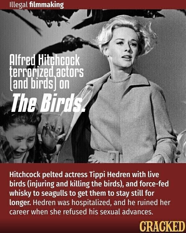 Illegal filmmaking Alfred Hitchcock terrorized actors and birds) on The Birds. Hitchcock pelted actress Tippi Hedren with live birds (injuring and killing the birds), and force-fed whisky to seagulls to get them to stay still for longer. Hedren was hospitalized, and he ruined her career when she refused his sexual advances. CRACKED