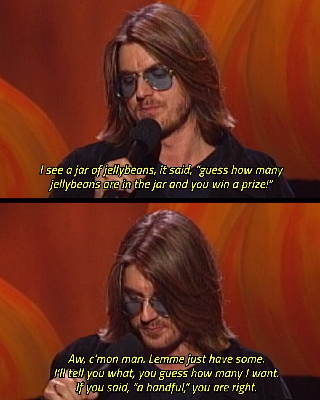 I see a jar of jellybeans, it said, guess how many jellybeans are in the jar and you win a prize! Aw, c'mon man. Lemme just have some. I'll tell you what, you guess how many I want. If you said, a handful, you are right.