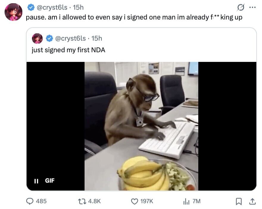 @cryst6ls. - 15h ... pause. am i allowed to even say i signed one man im already f** king up @cryst6ls. - 15h just signed my first NDA GIF II 485 4.8K 197K del 7M